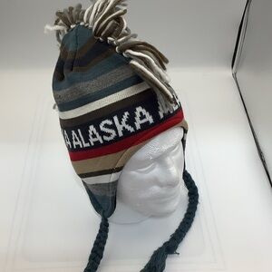 Knit Alaska, ear flap hat with braided tassels, striped pattern acrylic adult
